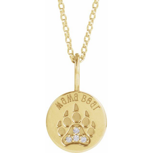 14K Yellow .03 CTW Natural Diamond Mama Bear 18" Necklace