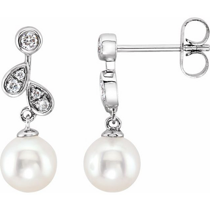 14K White Cultured White Freshwater Pearl & 1/6 CTW Natural Diamond Earrings