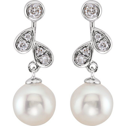 14K White Cultured White Freshwater Pearl & 1/6 CTW Natural Diamond Earrings