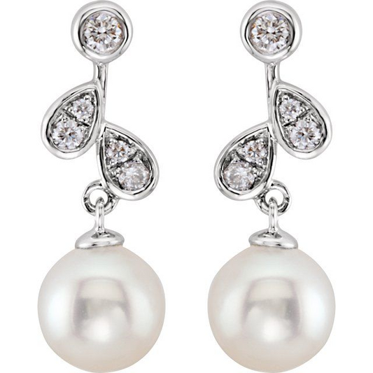 14K White Cultured White Freshwater Pearl & 1/6 CTW Natural Diamond Earrings