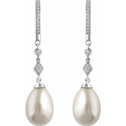 14K White Cultured White Freshwater Pearl & 1/6 CTW Natural Diamond Earrings