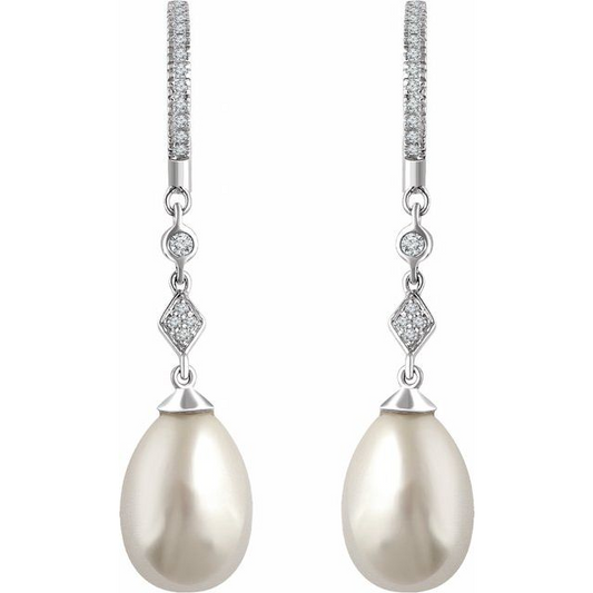 14K White Cultured White Freshwater Pearl & 1/6 CTW Natural Diamond Earrings