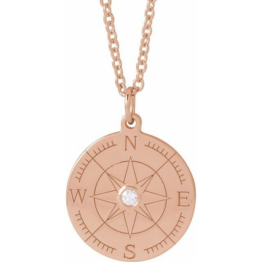 14K Rose .015 CT Natural Diamond Compass 16-18" Necklace