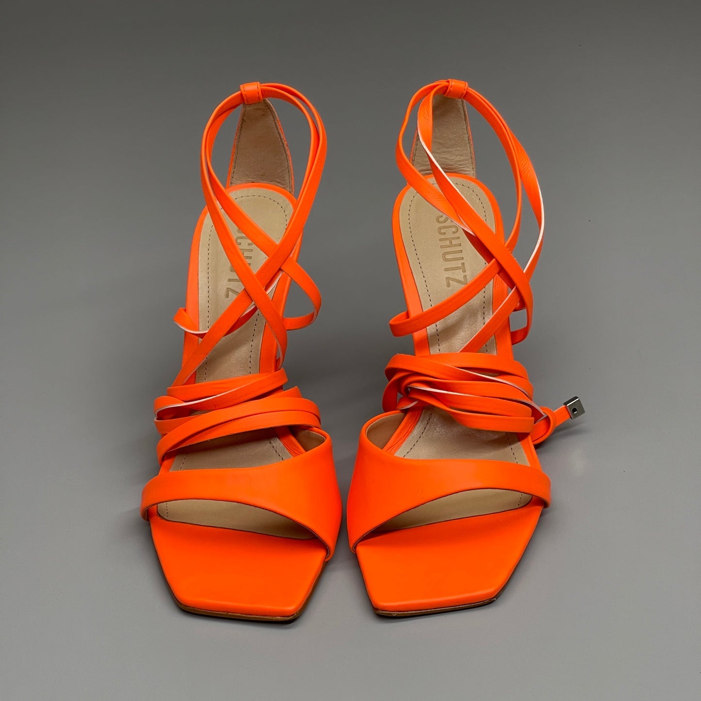 SCHUTZ Bryce Ankle Tie Women's High Heel Leather Strappy Sandal Acid Orange Sz 7 (New)