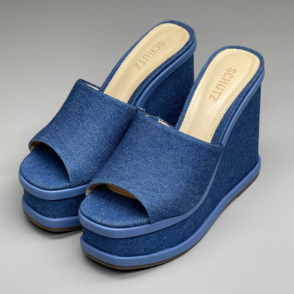 SCHUTZ Dalle Denim Women's Wedge Sandal Blue Platform Shoe Sz 8B (New)