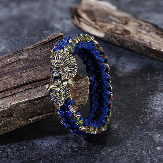 Indian Warrior Brass Skull Paracord Bracelet
