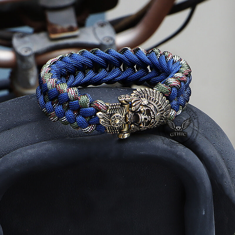 Indian Warrior Brass Skull Paracord Bracelet