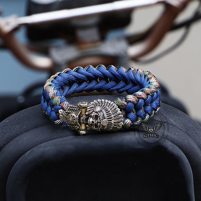 Indian Warrior Brass Skull Paracord Bracelet