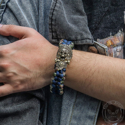 Indian Warrior Brass Skull Paracord Bracelet