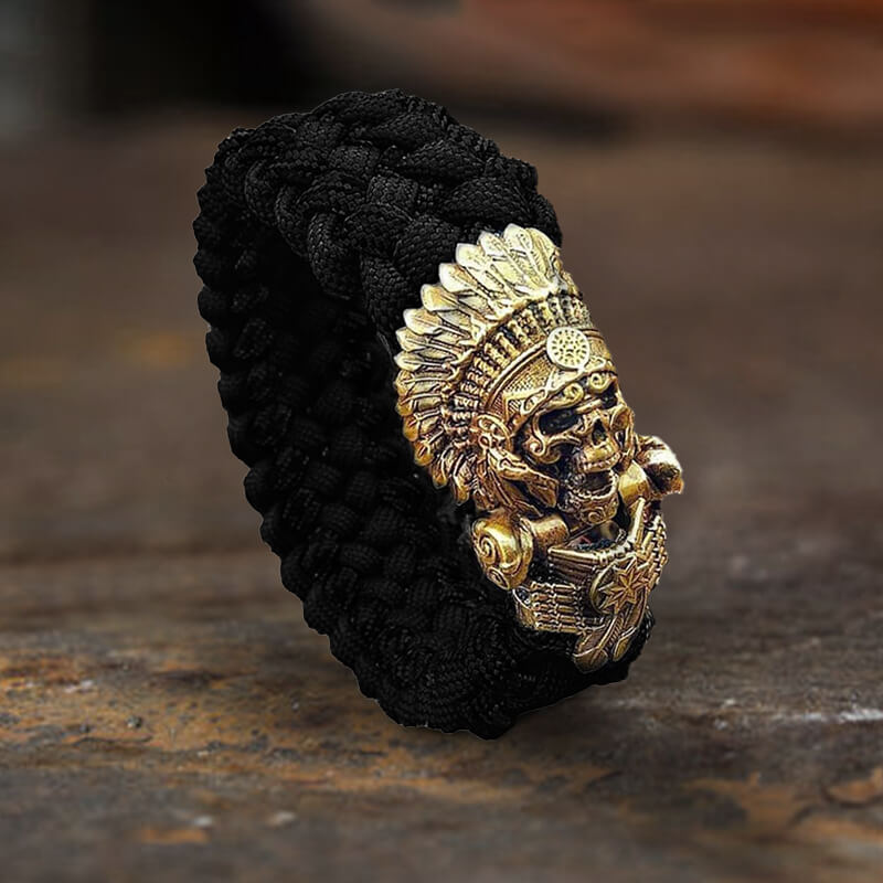 Indian Warrior Brass Skull Paracord Bracelet