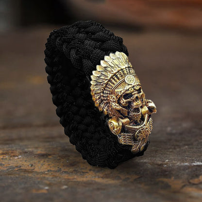 Indian Warrior Brass Skull Paracord Bracelet