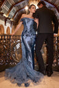 Embellished Satin Fitted Gown With Tulle Overskirt