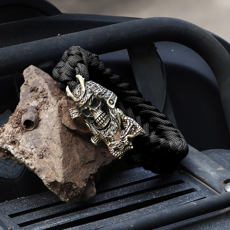 Japanese Samurai Dragon Brass Skull Paracord Bracelet