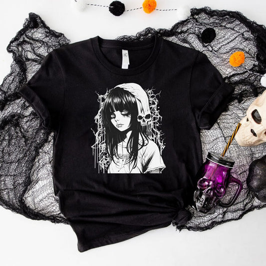 Kawaii Goth Girl Round Neck Short Sleeve T-shirt