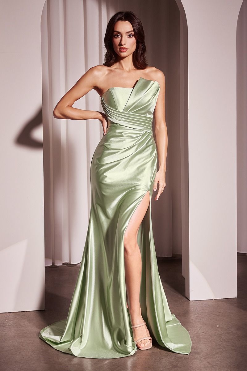 Pleated Strapless Fitted Satin Gown
