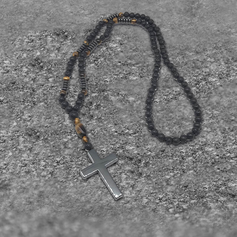Latin Cross Stone Bead Biker Rosary Necklace