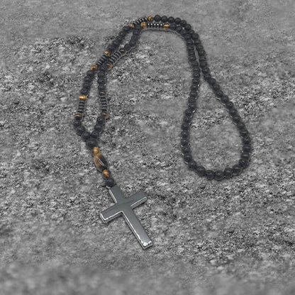 Latin Cross Stone Bead Biker Rosary Necklace