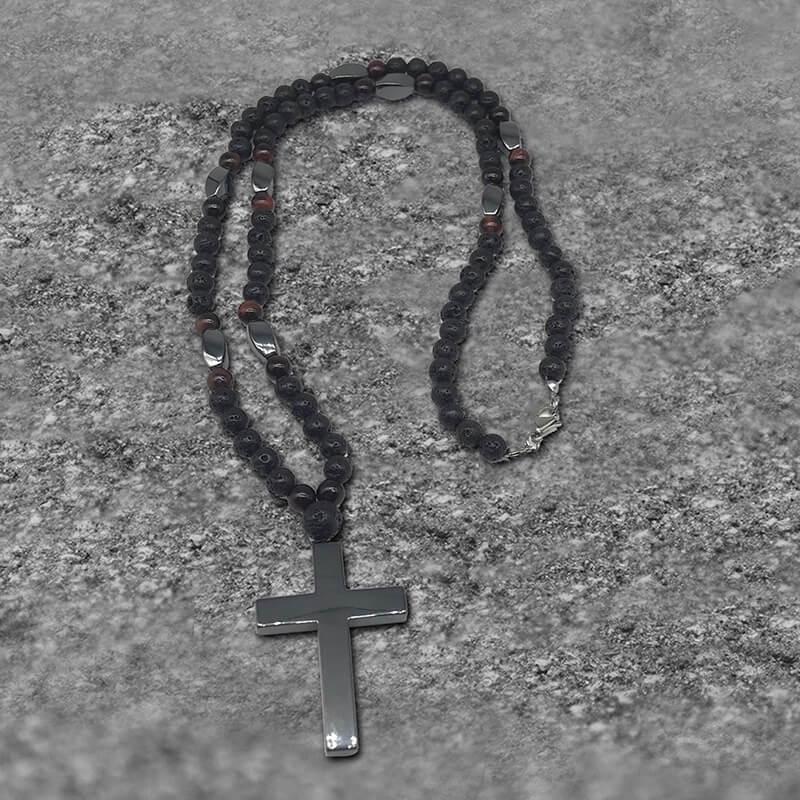 Latin Cross Stone Bead Biker Rosary Necklace