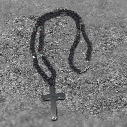 Latin Cross Stone Bead Biker Rosary Necklace