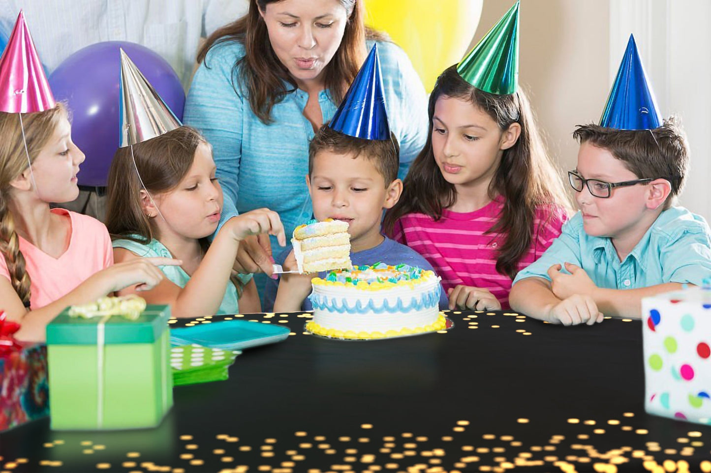 Celebrate Printed Plastic Table Cover 54" x 108" Black/Gold