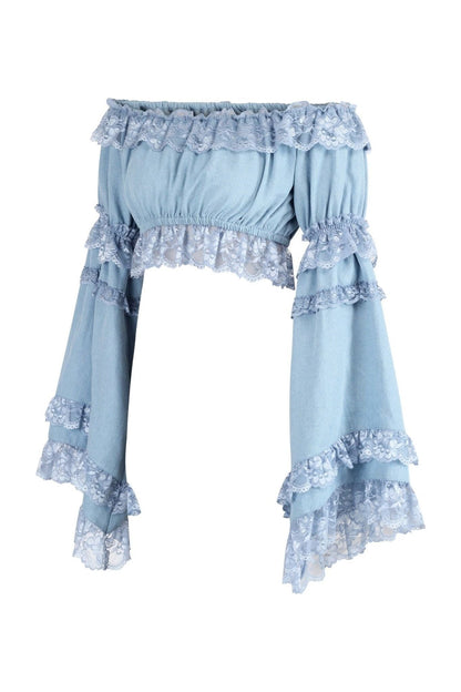 Light Blue Denim Smocked Flare Sleeve Peasant Top