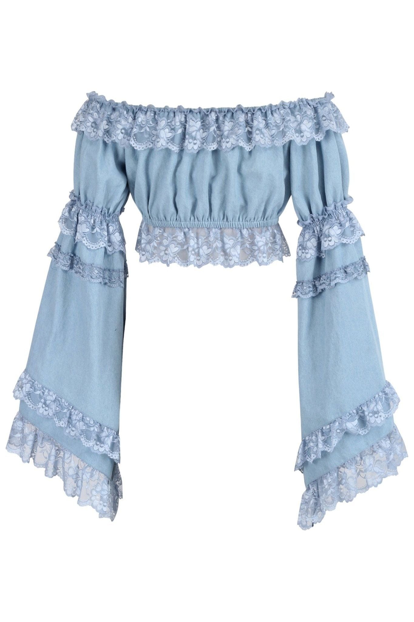 Light Blue Denim Smocked Flare Sleeve Peasant Top