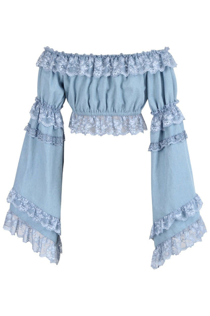 Light Blue Denim Smocked Flare Sleeve Peasant Top