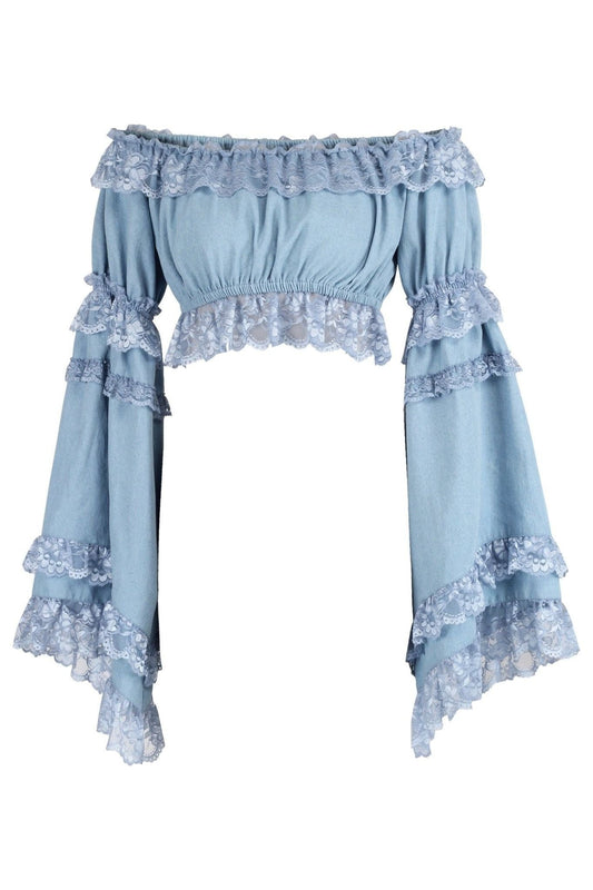 Light Blue Denim Smocked Flare Sleeve Peasant Top