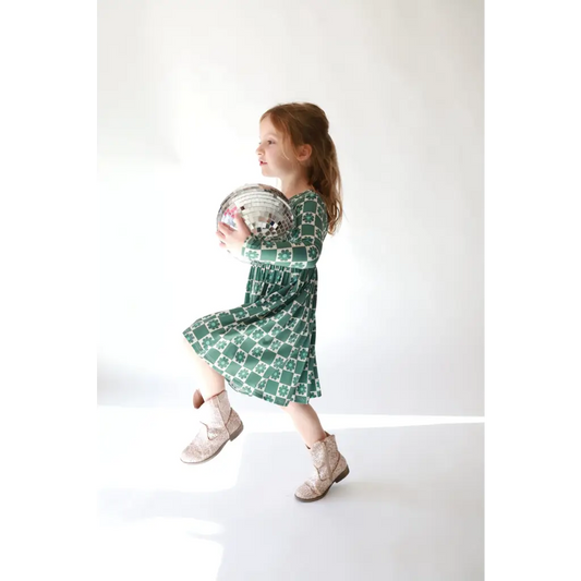Lily Flower Check Long Sleeved Twirl Dress for Girls