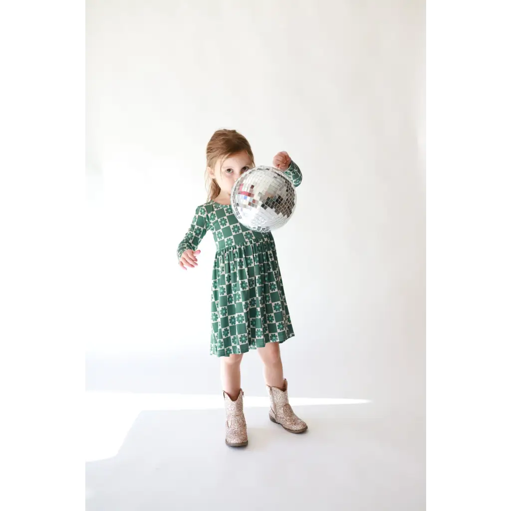 Lily Flower Check Long Sleeved Twirl Dress for Girls