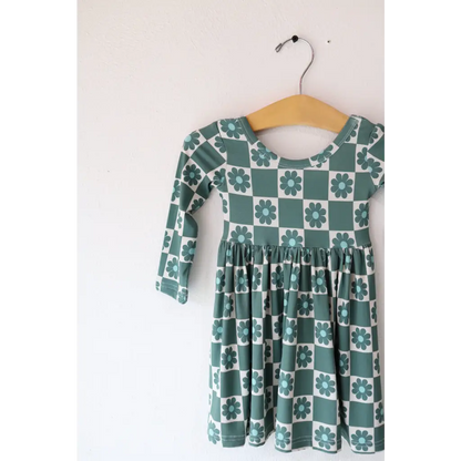 Lily Flower Check Long Sleeved Twirl Dress for Girls