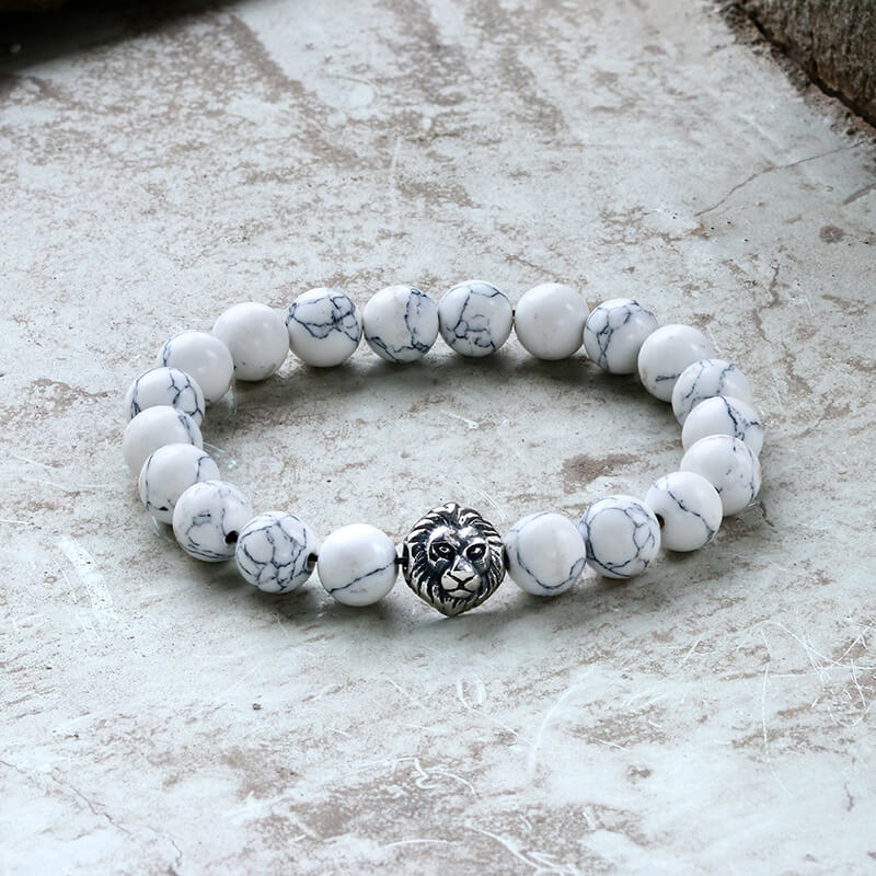 Lion Head Agate Stone Stainless Steel Bead Bracelet