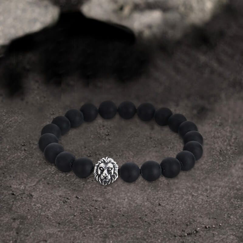 Lion Head Agate Stone Stainless Steel Bead Bracelet