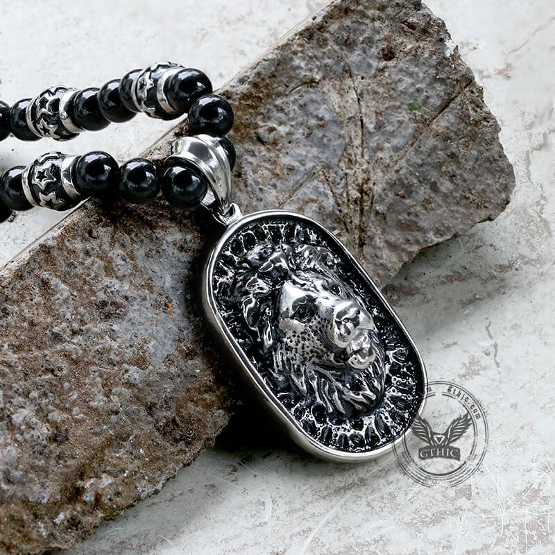 Lion Head Black Beads Chain Stainless Steel Necklace