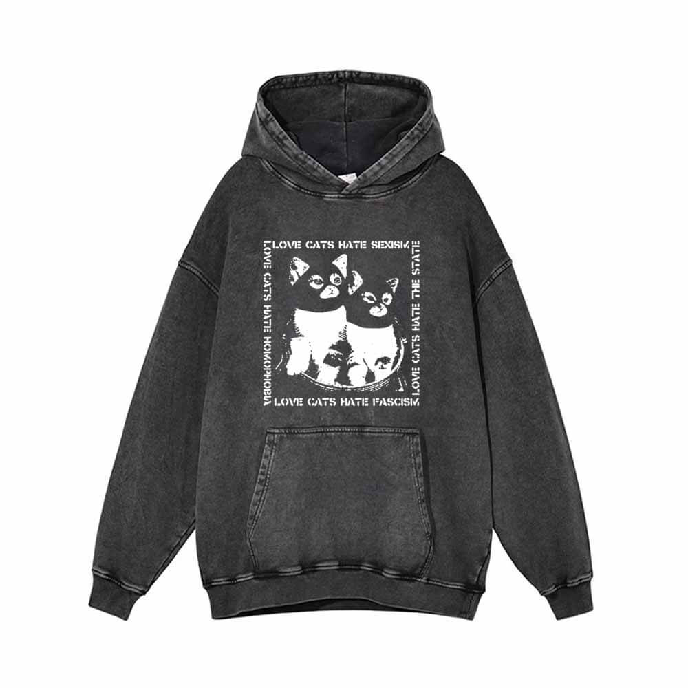 Love Cats Hate Sexism Vintage Washed Hoodie
