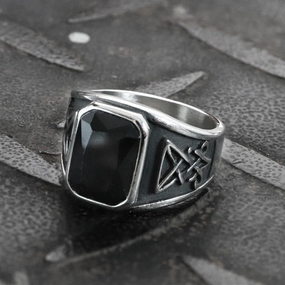 Lucifer Symbol Black Gem Stainless Steel Ring