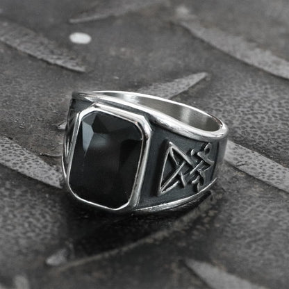Lucifer Symbol Black Gem Stainless Steel Ring