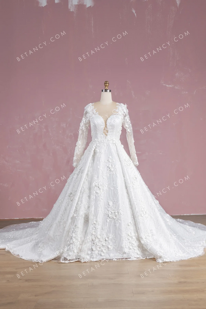 Luxury 3D Flower Lace Cathedral Train Wedding Gown