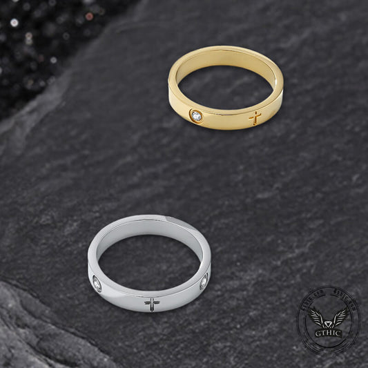 Minimalist Cross Inlaid Zircon Stainless Steel Band Ring