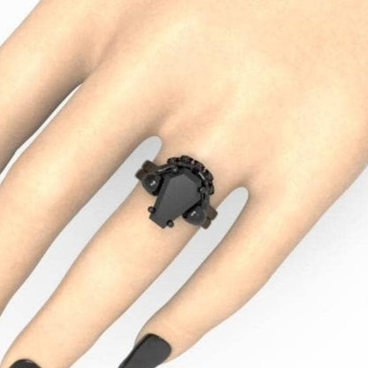 My Ever After Ring - Coffin Cut Diamond with Skulls, Bat and Roses Promise Ring