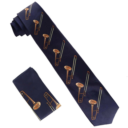 Vittorio Farina Men's Red and Gold Trombone Musical Necktie and Pocket Square