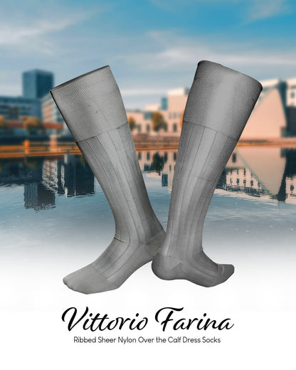 Vittorio Farina Men's Ribbed Shear Nylon Over The Calf Dress Socks
