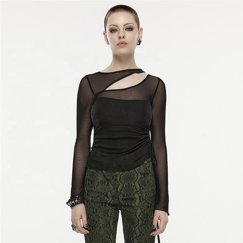 Oblique Slit Fitting Mesh Slim Shirt