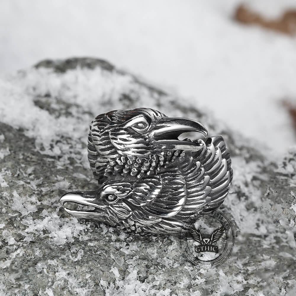 Odin Ravens Huginn and Munin Stainless Steel Viking Ring
