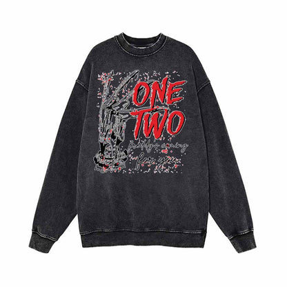 One Two Skull Hand Vintage Washed Hoodie Sweatshirt
