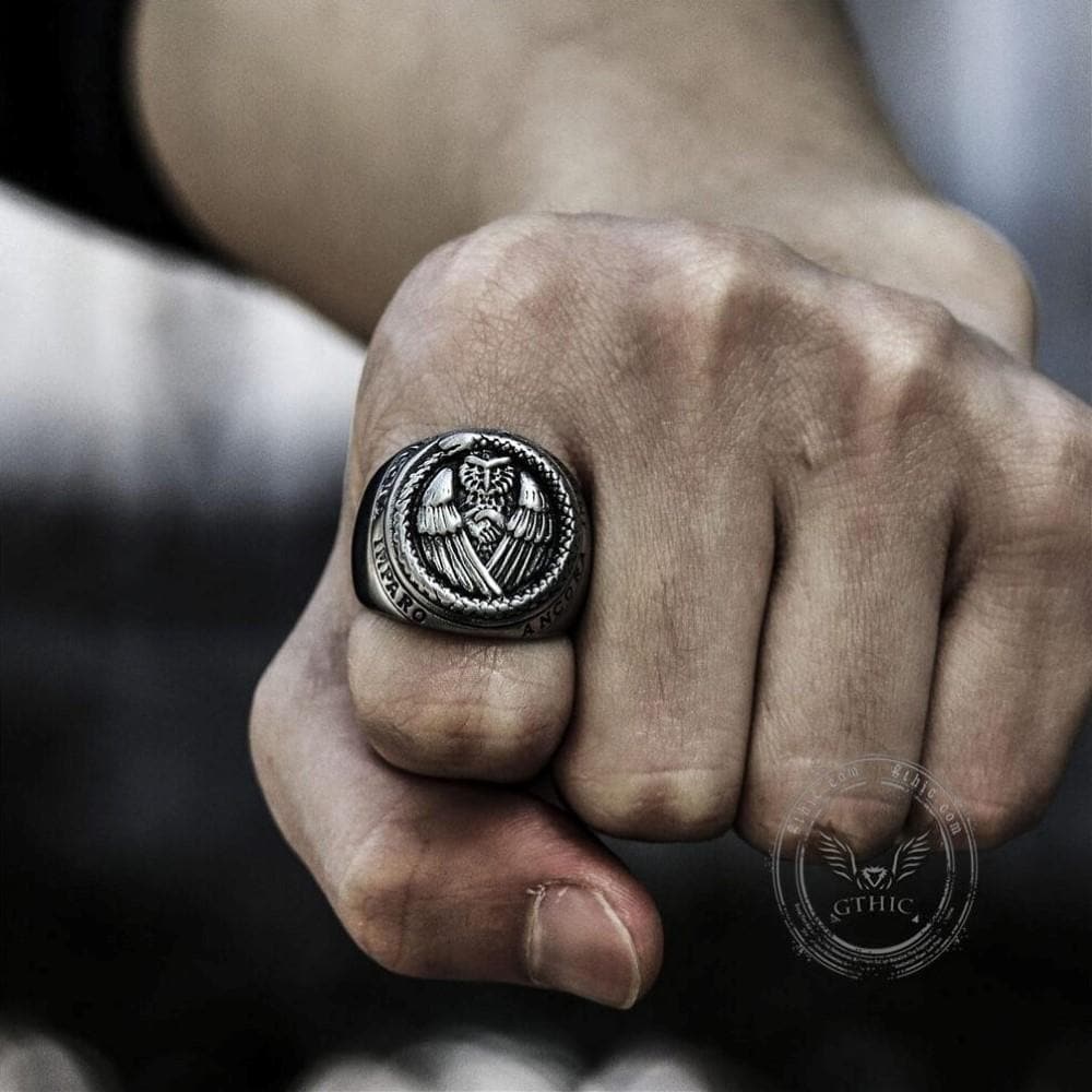 Owl And Ouroboros Stainless Steel Ring