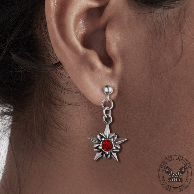 Pentagram Red Gemstone Stainless Steel Stud Earrings
