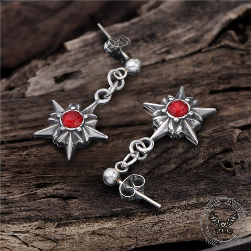 Pentagram Red Gemstone Stainless Steel Stud Earrings