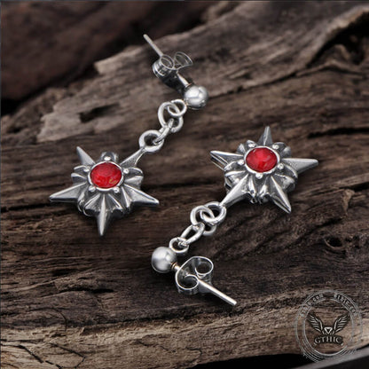 Pentagram Red Gemstone Stainless Steel Stud Earrings