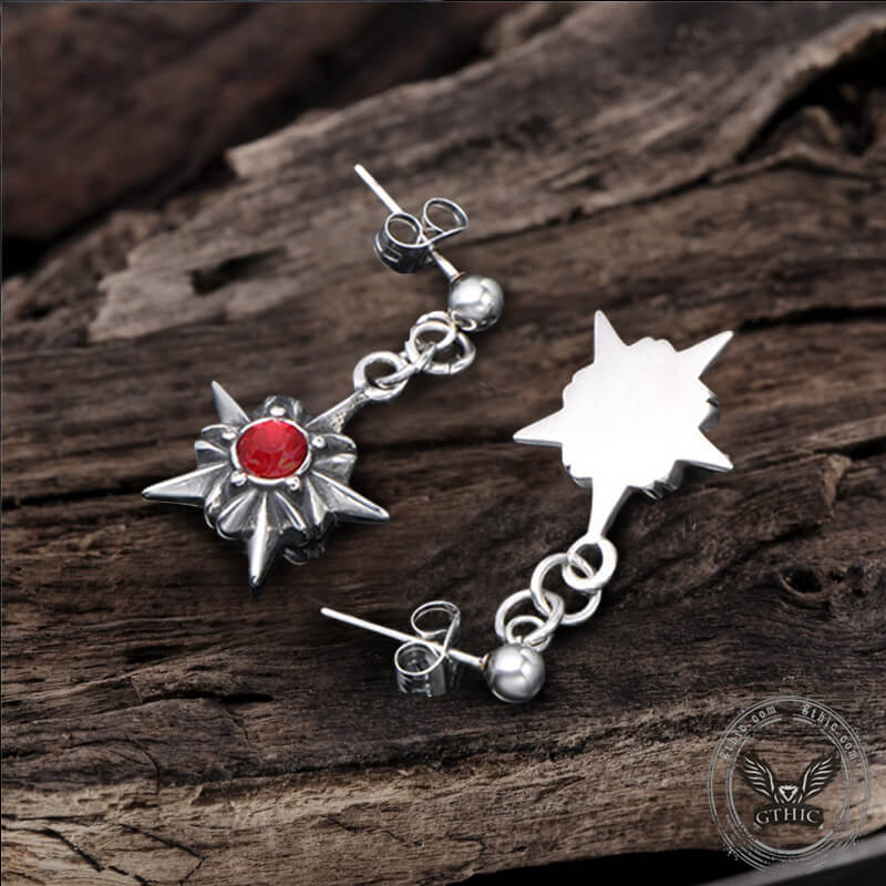Pentagram Red Gemstone Stainless Steel Stud Earrings
